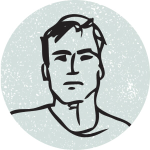 Black and white illustration of a man's face with short hair and a neutral expression, set against a textured circular background.